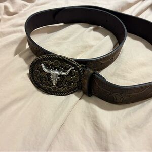 Brown Western Leather Belt with Bullhead Buckle